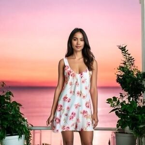 Vintage Satin Nightgown Size L Blue Pink Rose Print 3D Flowers Adjustable Straps